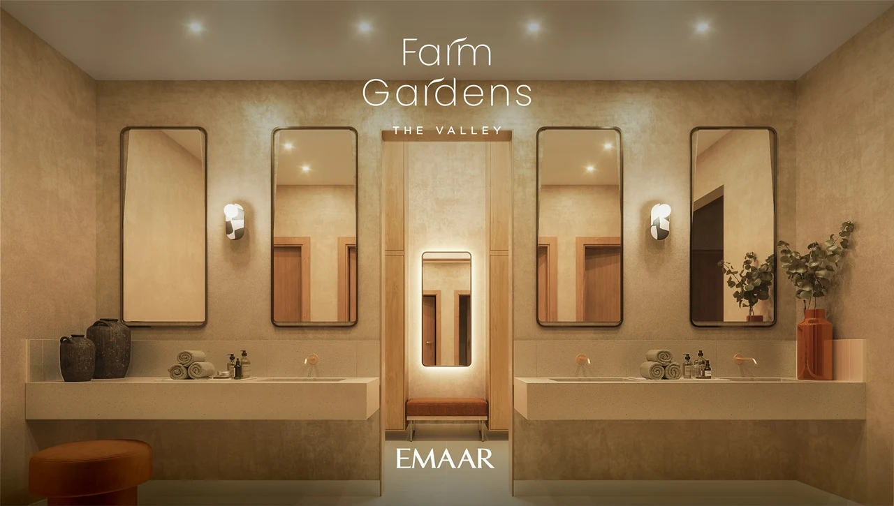 Farm Gardens The Valley by Emaar spa inspired bathroom interior with elegant vanity design and ambient lighting in Dubai - Presented by Tohid Fetrat
