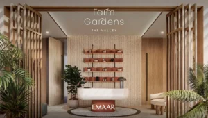 Farm Gardens The Valley by Emaar spa reception interior with natural materials and luxury wellness design in Dubai - Presented by Tohid Fetrat