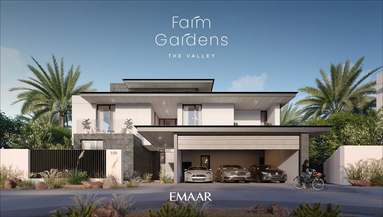 Farm Gardens The Valley by Emaar luxury villa front facade with covered parking and landscaped entrance in Dubai - Presented by Tohid Fetrat