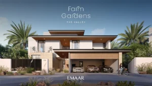 Farm Gardens The Valley by Emaar contemporary villa facade with luxury exterior design and covered parking in Dubai - Presented by Tohid Fetrat