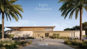 Farm Gardens The Valley by Emaar wellness center entrance with landscaped surroundings and contemporary architecture in Dubai - Presented by Tohid Fetrat