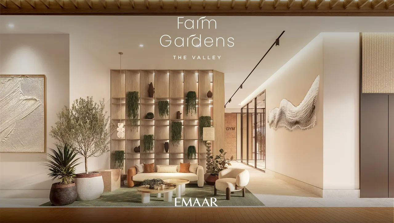 Farm Gardens The Valley by Emaar wellness lounge interior with contemporary seating and natural design elements in Dubai - Presented by Tohid Fetrat