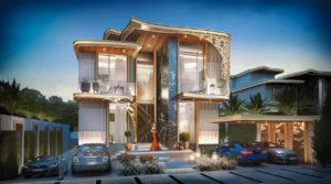 GEMS Estates by DAMAC at DAMAC Hills luxury villa facade with illuminated contemporary architecture and private parking in Dubai - Presented by Tohid Fetrat