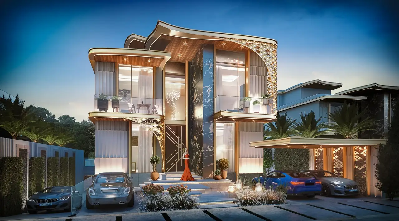 GEMS Estates by DAMAC at DAMAC Hills luxury villa facade with illuminated contemporary architecture and private parking in Dubai - Presented by Tohid Fetrat