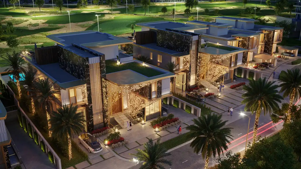 GEMS Estates by DAMAC at DAMAC Hills luxury villa community night view with illuminated modern architecture in Dubai - Presented by Tohid Fetrat