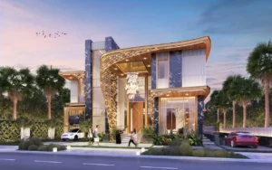 GEMS Estates by DAMAC at DAMAC Hills luxury villa exterior with contemporary architectural design and illuminated facade in Dubai - Presented by Tohid Fetrat