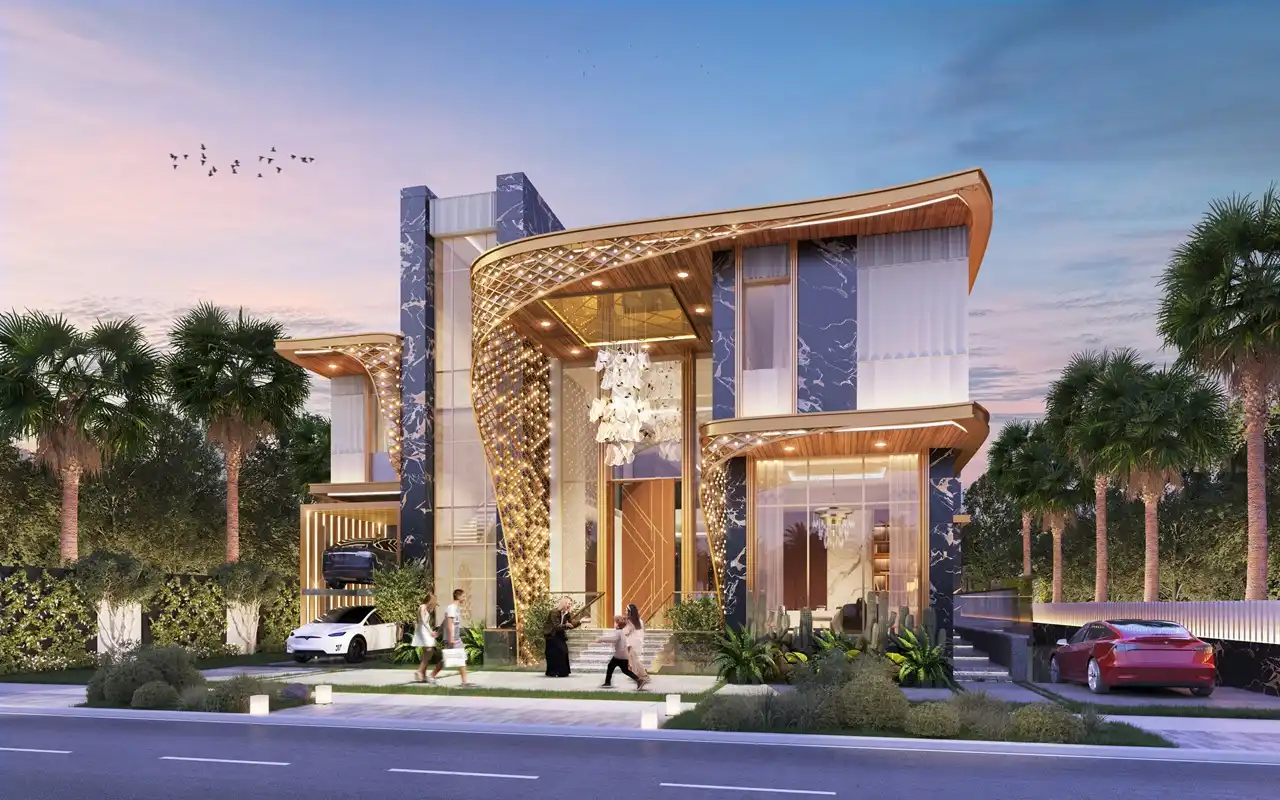 GEMS Estates by DAMAC at DAMAC Hills luxury villa exterior with contemporary architectural design and illuminated facade in Dubai - Presented by Tohid Fetrat
