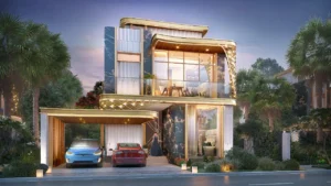 GEMS Estates by DAMAC at DAMAC Hills luxury villa front elevation with modern architectural facade and private parking in Dubai - Presented by Tohid Fetrat
