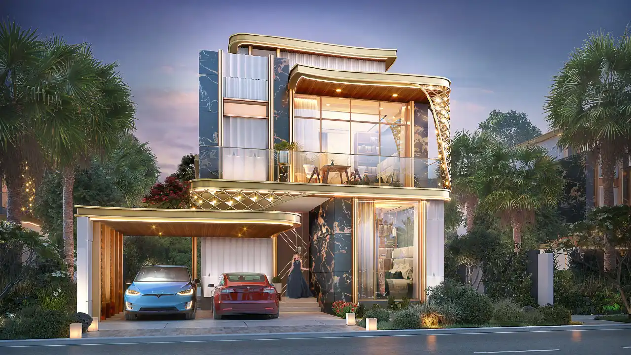 GEMS Estates by DAMAC at DAMAC Hills luxury villa front elevation with modern architectural facade and private parking in Dubai - Presented by Tohid Fetrat