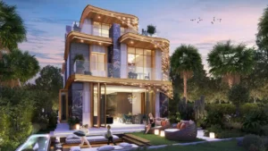 GEMS Estates by DAMAC at DAMAC Hills luxury villa exterior with illuminated modern architecture and landscaped garden in Dubai - Presented by Tohid Fetrat