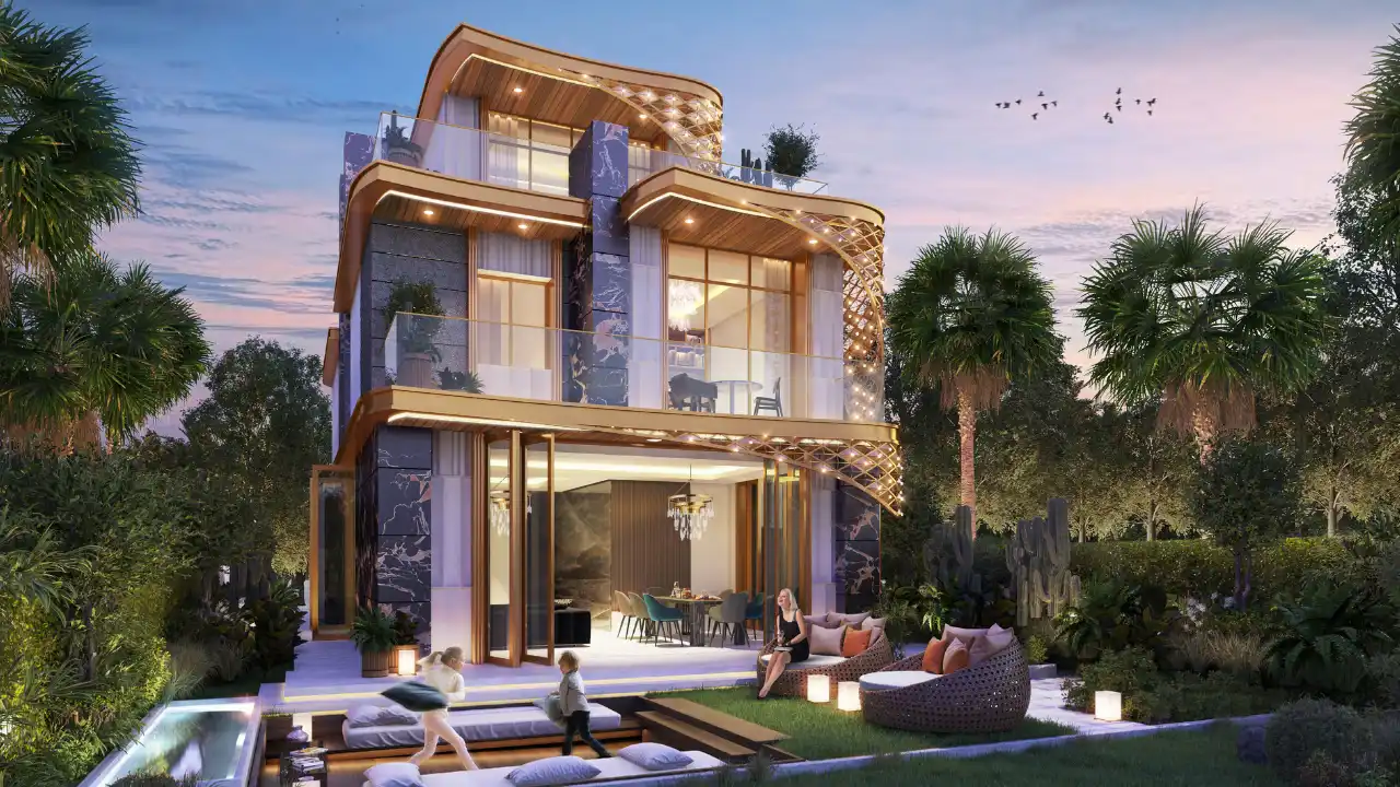GEMS Estates by DAMAC at DAMAC Hills luxury villa exterior with illuminated modern architecture and landscaped garden in Dubai - Presented by Tohid Fetrat