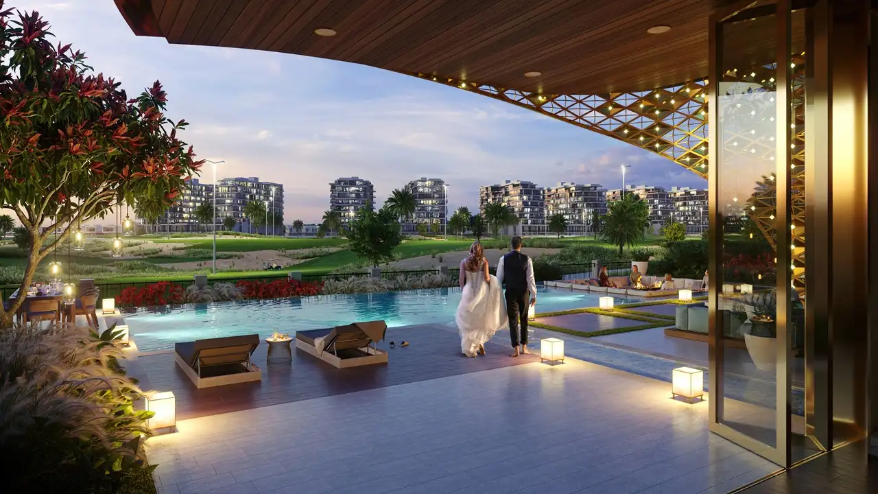 GEMS Estates by DAMAC at DAMAC Hills luxury villa pool terrace with golf course views and outdoor lounge area in Dubai - Presented by Tohid Fetrat