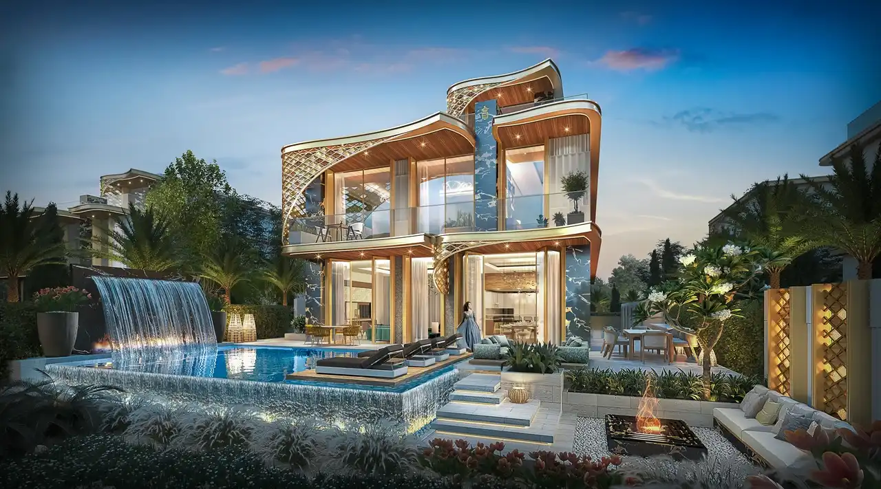 GEMS Estates by DAMAC at DAMAC Hills luxury villa with private pool waterfall and modern outdoor living space in Dubai - Presented by Tohid Fetrat