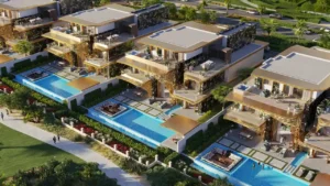 GEMS Estates by DAMAC at DAMAC Hills luxury villa exterior with private swimming pools and modern architecture in Dubai - Presented by Tohid Fetrat