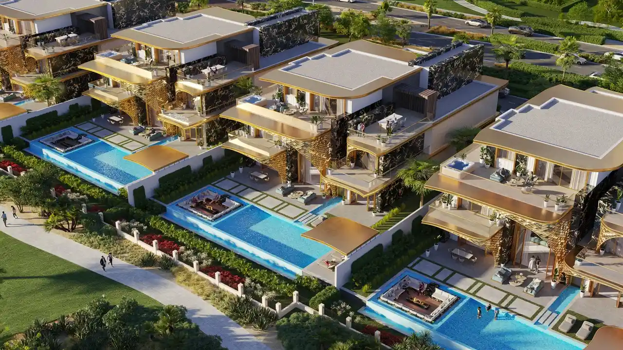 GEMS Estates by DAMAC at DAMAC Hills luxury villa exterior with private swimming pools and modern architecture in Dubai - Presented by Tohid Fetrat