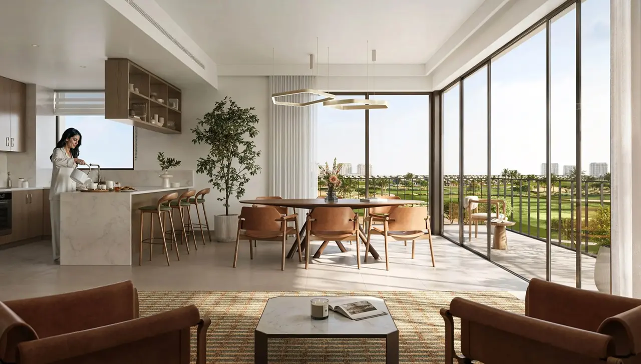 Golf Vale at Emaar South by Emaar modern apartment interior with open plan living dining area and golf course views in Dubai - Presented by Tohid Fetrat