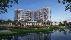 Golf Vale at Emaar South by Emaar exterior waterfront view with golf course landscape and modern residential architecture in Dubai - Presented by Tohid Fetrat