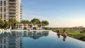 Golf Vale at Emaar South by Emaar infinity swimming pool overlooking the golf course and landscaped views in Dubai - Presented by Tohid Fetrat