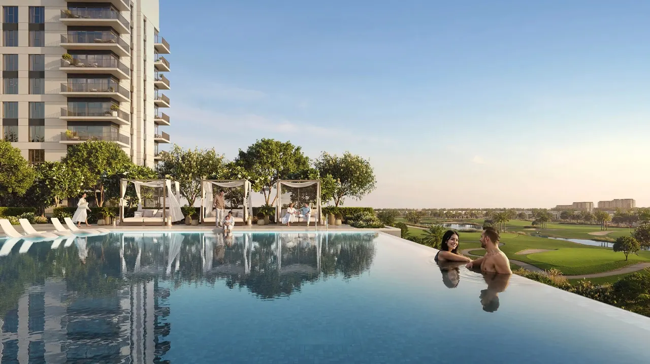Golf Vale at Emaar South by Emaar infinity swimming pool overlooking the golf course and landscaped views in Dubai - Presented by Tohid Fetrat