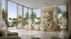 Golf Vale at Emaar South by Emaar luxury lobby interior with floor to ceiling windows and contemporary lounge seating in Dubai - Presented by Tohid Fetrat