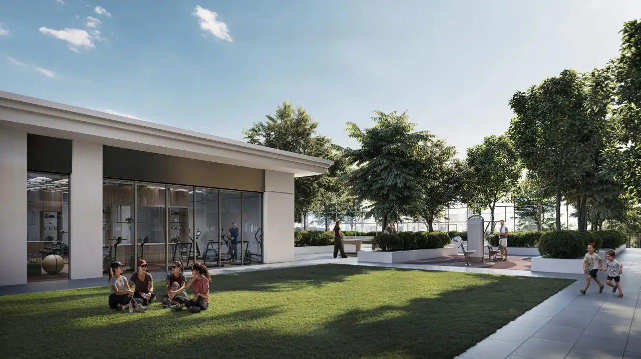 Golf Verge at Emaar South by Emaar landscaped outdoor amenities area with fitness pavilion and family friendly spaces in Dubai - Presented by Tohid Fetrat