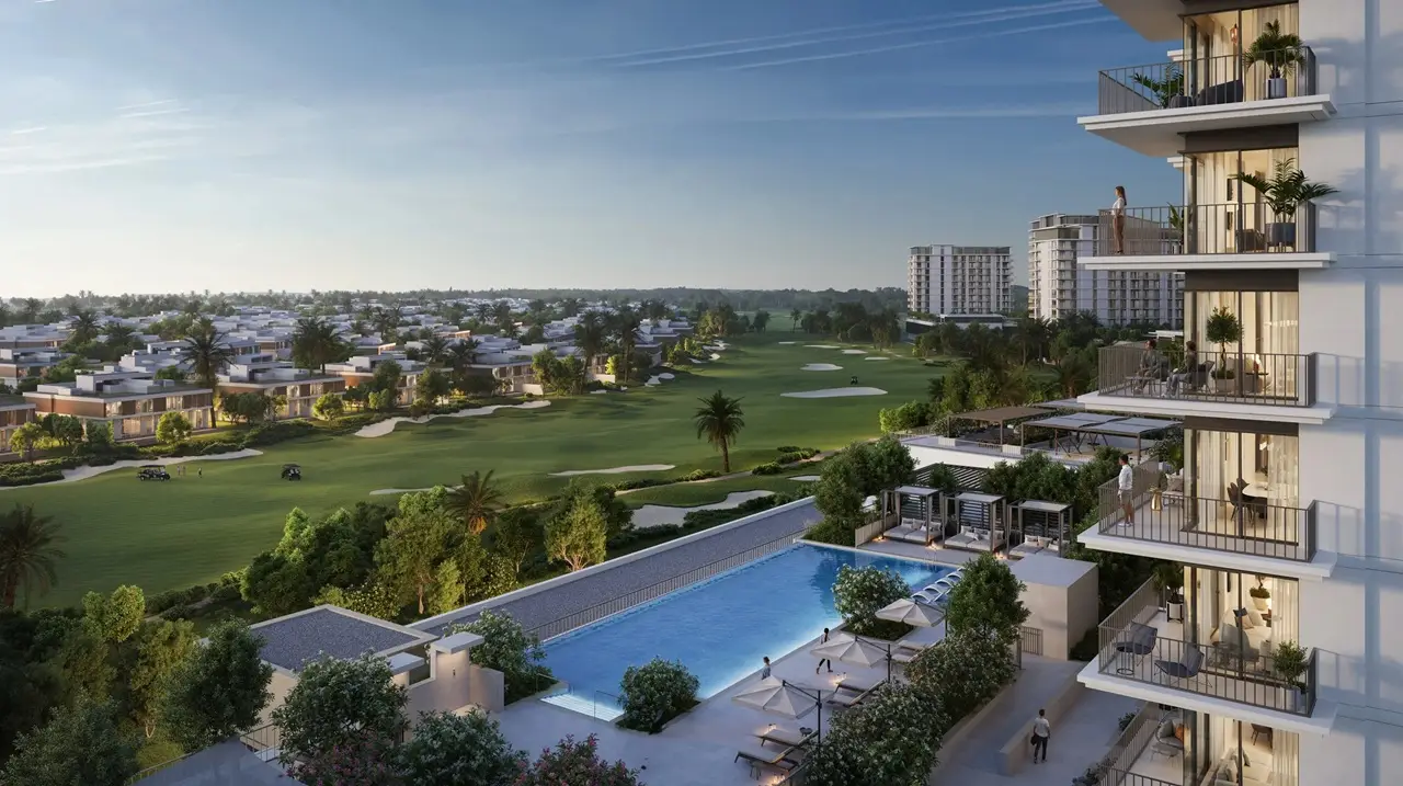 Golf Verge at Emaar South by Emaar golf course facing residences with resort style swimming pool and landscaped surroundings in Dubai - Presented by Tohid Fetrat