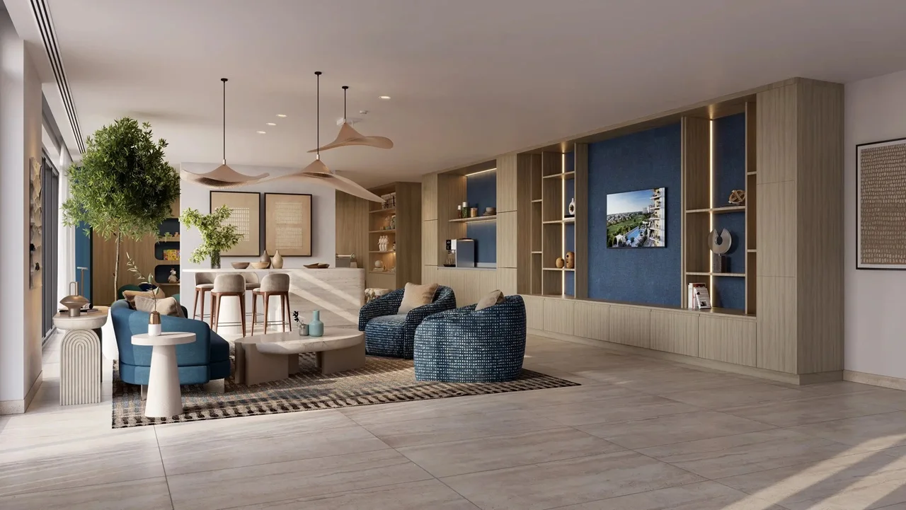 Golf Verge at Emaar South by Emaar modern lounge interior with open seating area and contemporary wooden finishes in Dubai - Presented by Tohid Fetrat