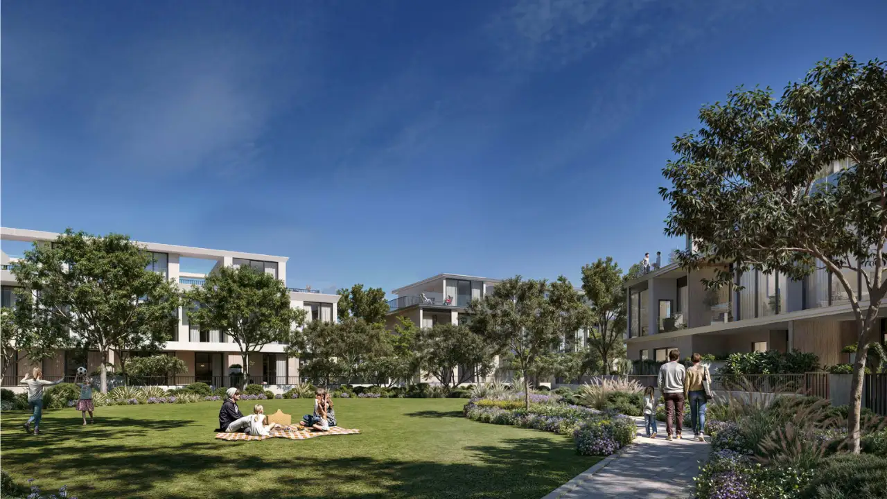 Green landscaped community park and modern residences at Greenway in Emaar South by Emaar in Dubai Construction Update March 2026 Presented by Tohid Fetrat
