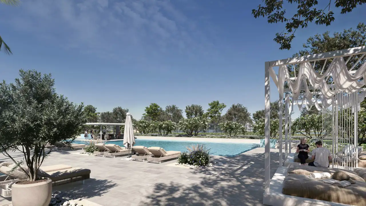 Luxury pool and outdoor relaxation area at Greenway in Emaar South by Emaar in Dubai Construction Update September 2025 Presented by Tohid Fetrat
