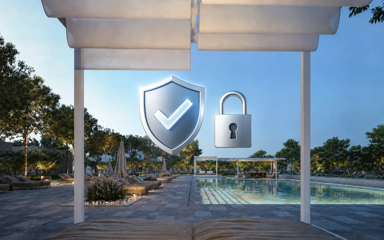 Luxury pool area at Greenway in Emaar South with escrow account security icons for protected Dubai property investment Presented by Tohid Fetrat