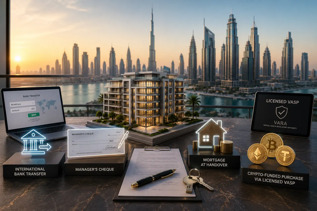 How to pay for property in Dubai featuring international bank transfer manager cheque mortgage and crypto funded purchase options Presented by Tohid Fetrat