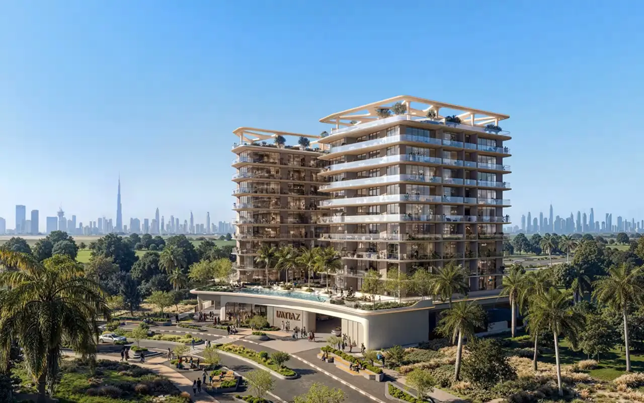 Luxury residential tower by Imtiaz Developments in Dubai with skyline and landscaped surroundings Presented by Tohid Fetrat