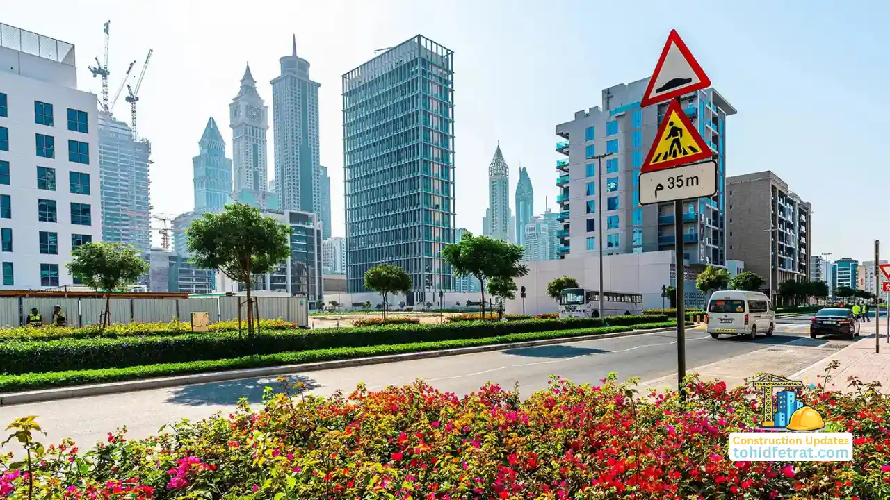 Urban street view of modern residential buildings and ongoing development activity during Jumeirah Garden City Construction Updates in Dubai Presented by Tohid Fetrat