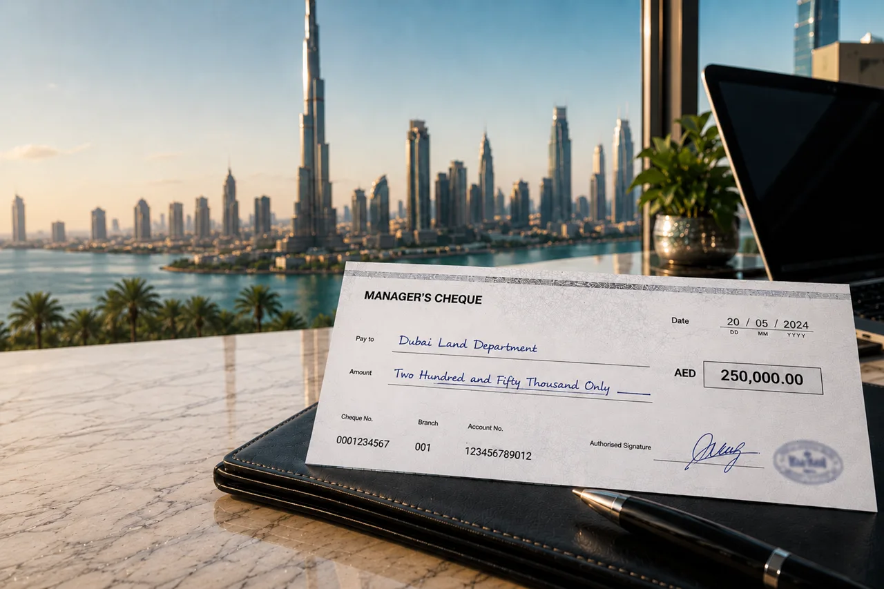 Manager’s cheque for Dubai property purchase with Dubai skyline and Burj Khalifa view in the 2026 buyer’s guide Presented by Tohid Fetrat
