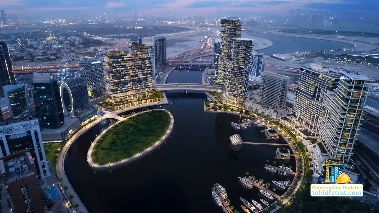Luxury waterfront residences and marina canal at Marasi Bay Dubai during evening skyline views for Marasi Bay Construction Updates Presented by Tohid Fetrat