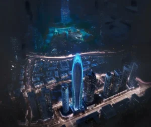 Mercedes-Benz Places by Binghatti aerial night view showcasing the illuminated tower within the Downtown Dubai cityscape in Dubai - Presented by Tohid Fetrat