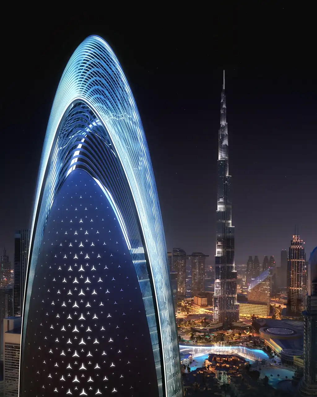 Mercedes-Benz Places by Binghatti illuminated architectural crown with Burj Khalifa views over Downtown Dubai at night in Dubai - Presented by Tohid Fetrat
