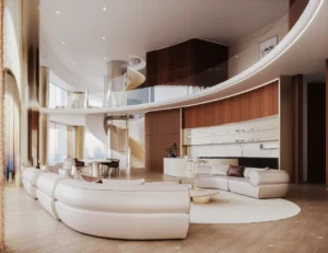 Mercedes-Benz Places by Binghatti duplex penthouse living room with double height ceilings, curved interiors, and luxury finishes in Dubai - Presented by Tohid Fetrat