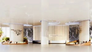 Mercedes-Benz Places by Binghatti grand lobby reception featuring designer lighting, premium finishes, and luxury seating areas in Dubai - Presented by Tohid Fetrat