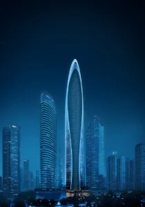 Mercedes-Benz Places by Binghatti illuminated tower façade against the Dubai skyline at night in Dubai - Presented by Tohid Fetrat