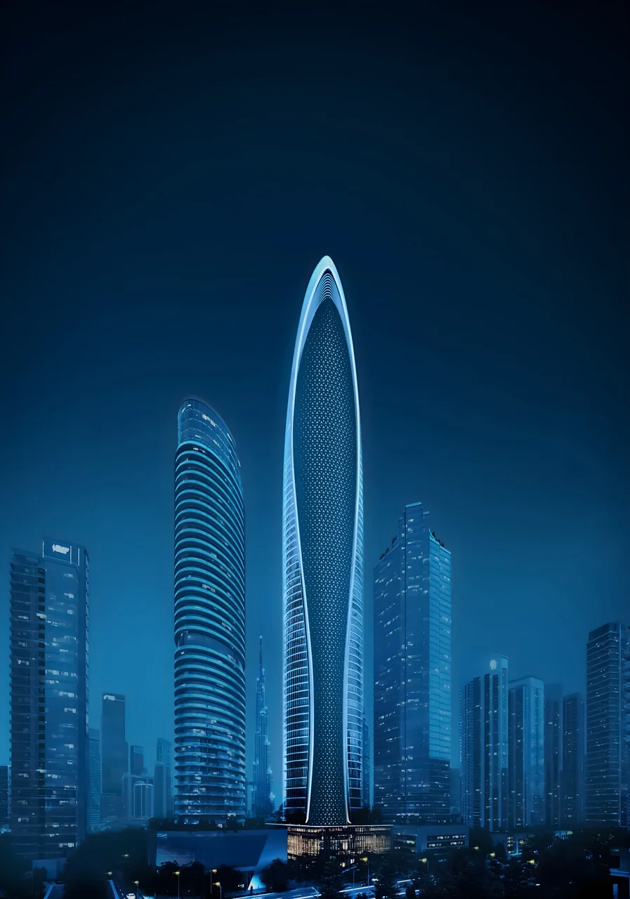 Mercedes-Benz Places by Binghatti illuminated tower façade against the Dubai skyline at night in Dubai - Presented by Tohid Fetrat