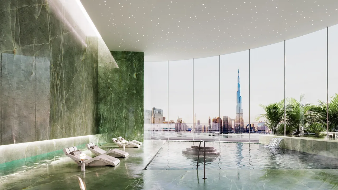 Mercedes-Benz Places by Binghatti indoor spa pool with Burj Khalifa views, wellness facilities, and luxury relaxation spaces in Dubai - Presented by Tohid Fetrat