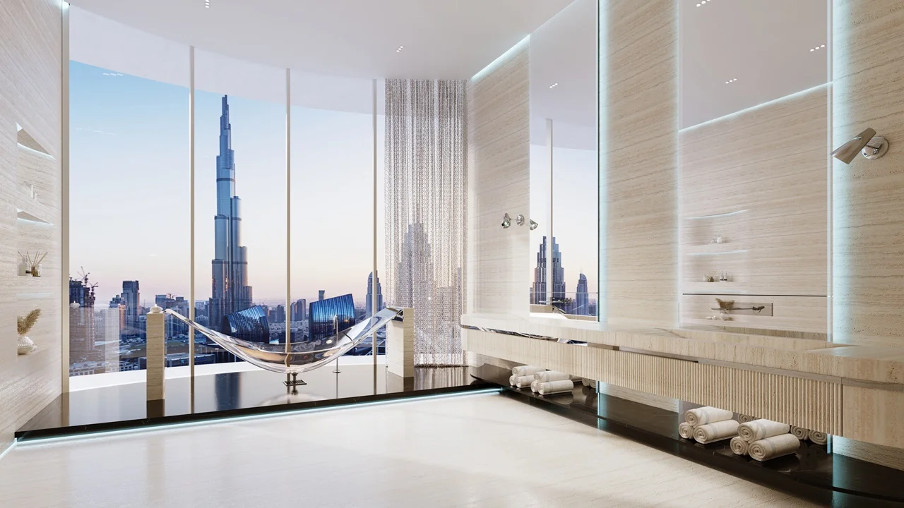 Mercedes-Benz Places by Binghatti luxury bathroom interior with panoramic Burj Khalifa views through floor to ceiling windows in Dubai - Presented by Tohid Fetrat