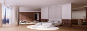 Mercedes-Benz Places by Binghatti luxury bedroom interior with Burj Khalifa views, designer furnishings, and premium finishes in Dubai - Presented by Tohid Fetrat
