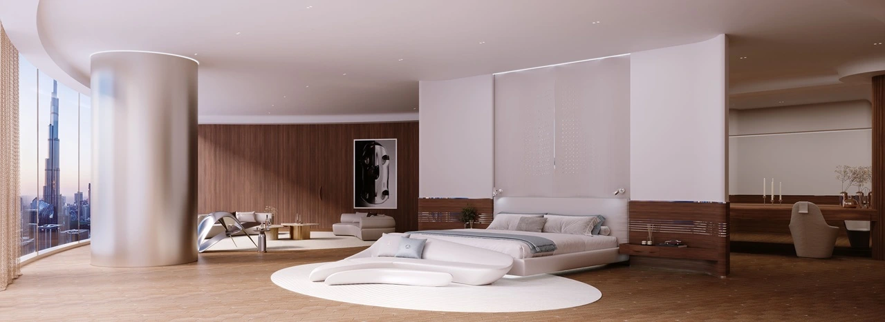 Mercedes-Benz Places by Binghatti luxury bedroom interior with Burj Khalifa views, designer furnishings, and premium finishes in Dubai - Presented by Tohid Fetrat