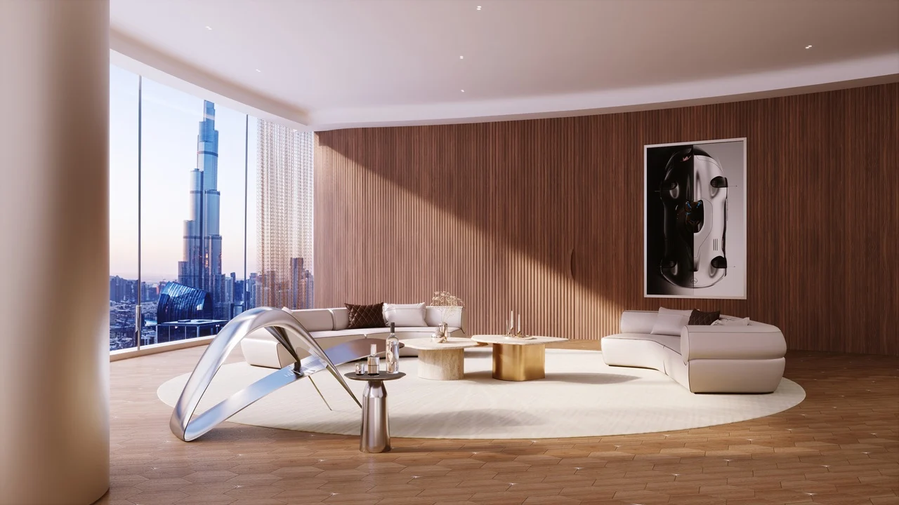 Mercedes-Benz Places by Binghatti luxury living room interior with Burj Khalifa views and designer furnishings in Dubai - Presented by Tohid Fetrat