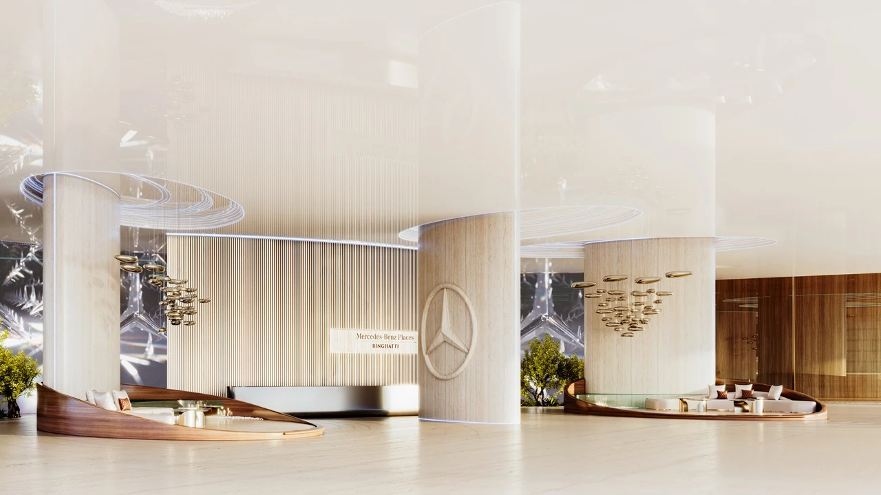 Mercedes-Benz Places by Binghatti luxury lobby featuring designer seating, architectural lighting, and premium interior finishes in Dubai - Presented by Tohid Fetrat