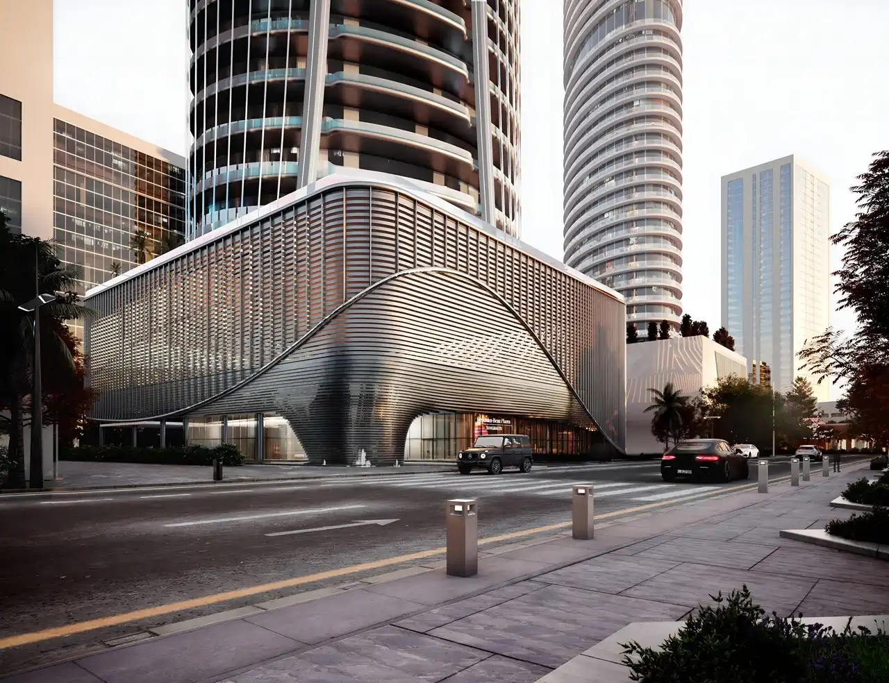 Mercedes-Benz Places by Binghatti sculptural podium architecture and luxury entrance façade at street level in Dubai - Presented by Tohid Fetrat