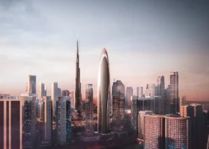 Mercedes-Benz Places by Binghatti luxury tower rising above the Downtown Dubai skyline with Burj Khalifa views at sunset in Dubai - Presented by Tohid Fetrat