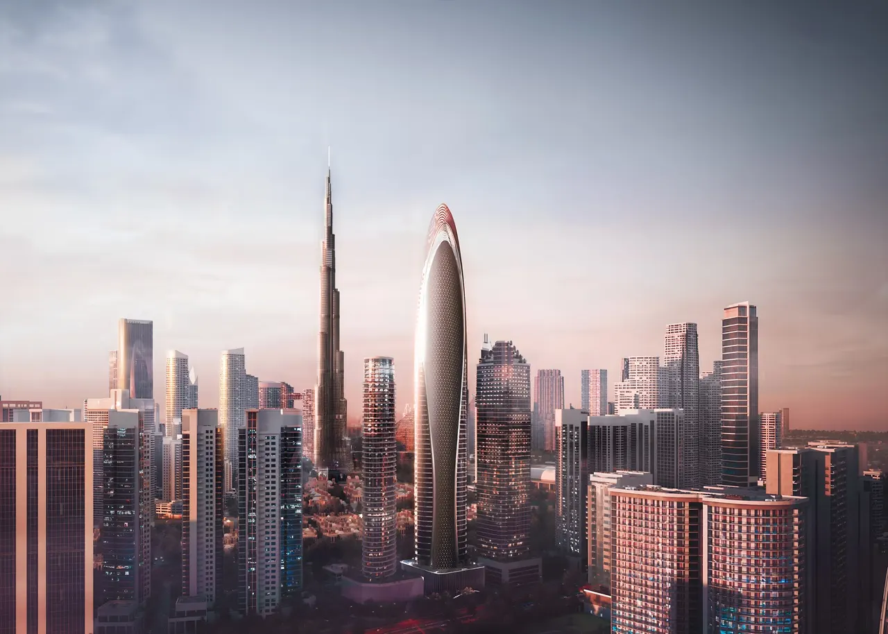 Mercedes-Benz Places by Binghatti luxury tower rising above the Downtown Dubai skyline with Burj Khalifa views at sunset in Dubai - Presented by Tohid Fetrat